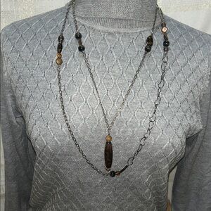 Long Layered Bead & Chain Necklace  with glass pendant